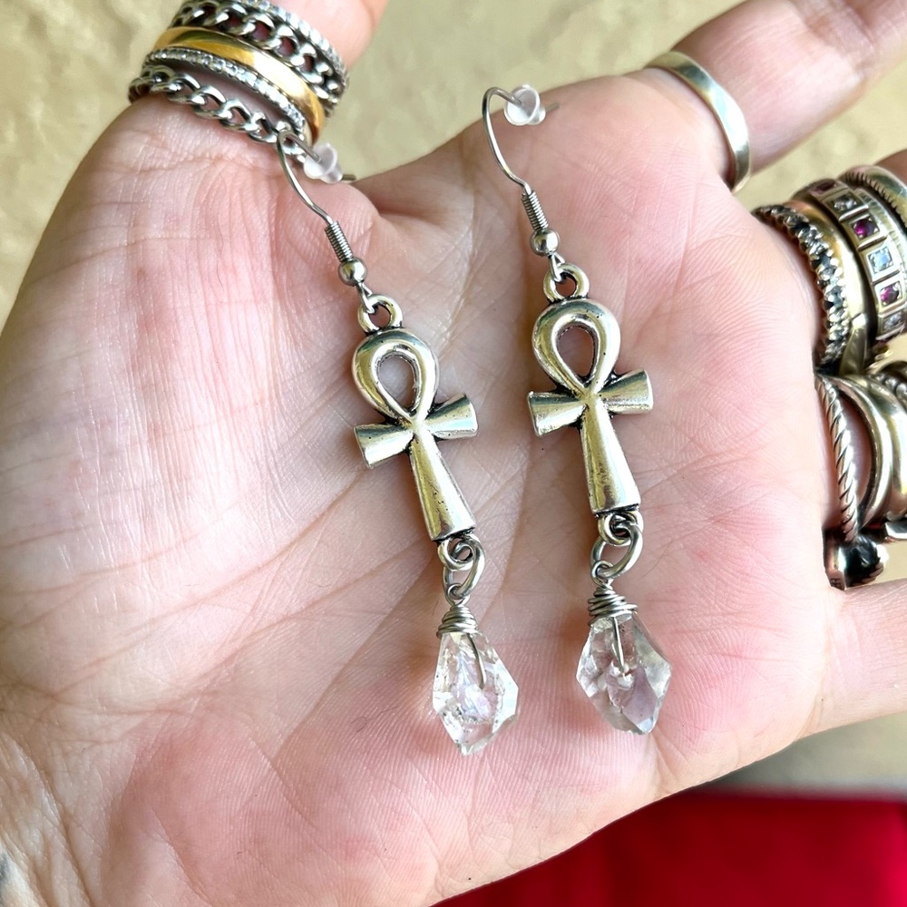 Herkimer diamonds anhks egyptian crosses earrings stainless steel post crystals - Picture 5 of 12